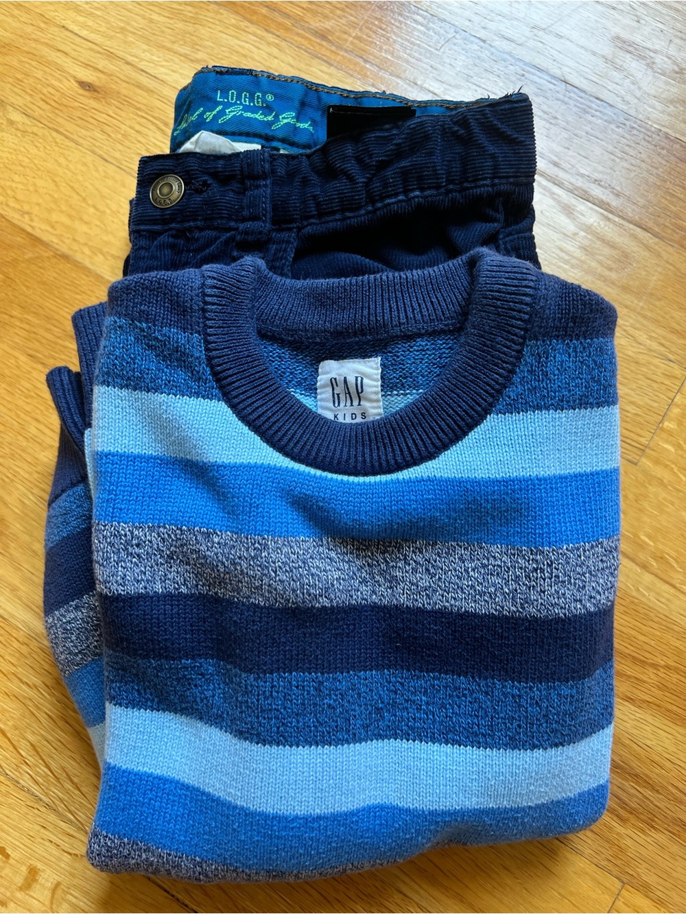 GAP Blue Striped Sweater Kids M and Blue Corduroy size 9-10 L.O.G.G. Pants - Picture 1 of 10
